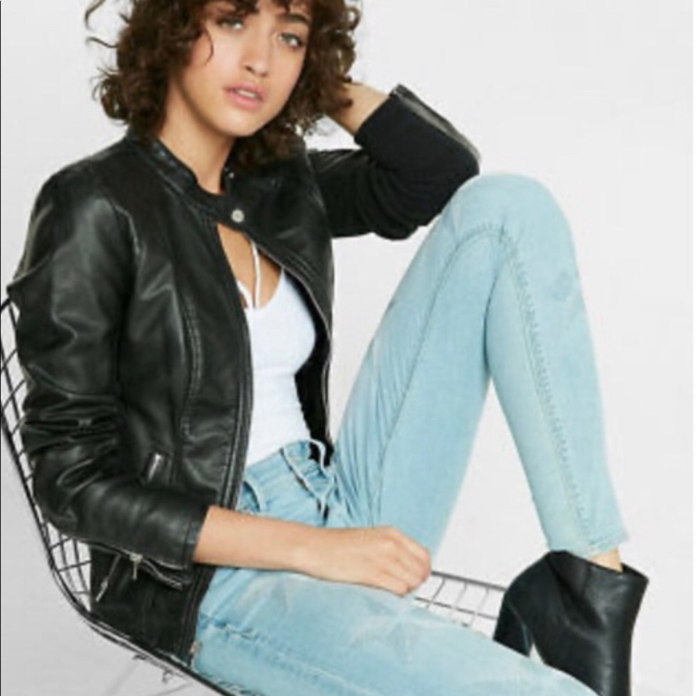 Express Double Peplum VEG LEATHER Jacket NWT BLk L